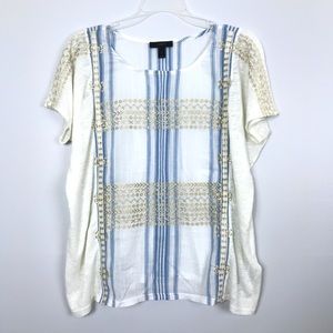 J. Crew | Linen Striped Gold Embroidered Top